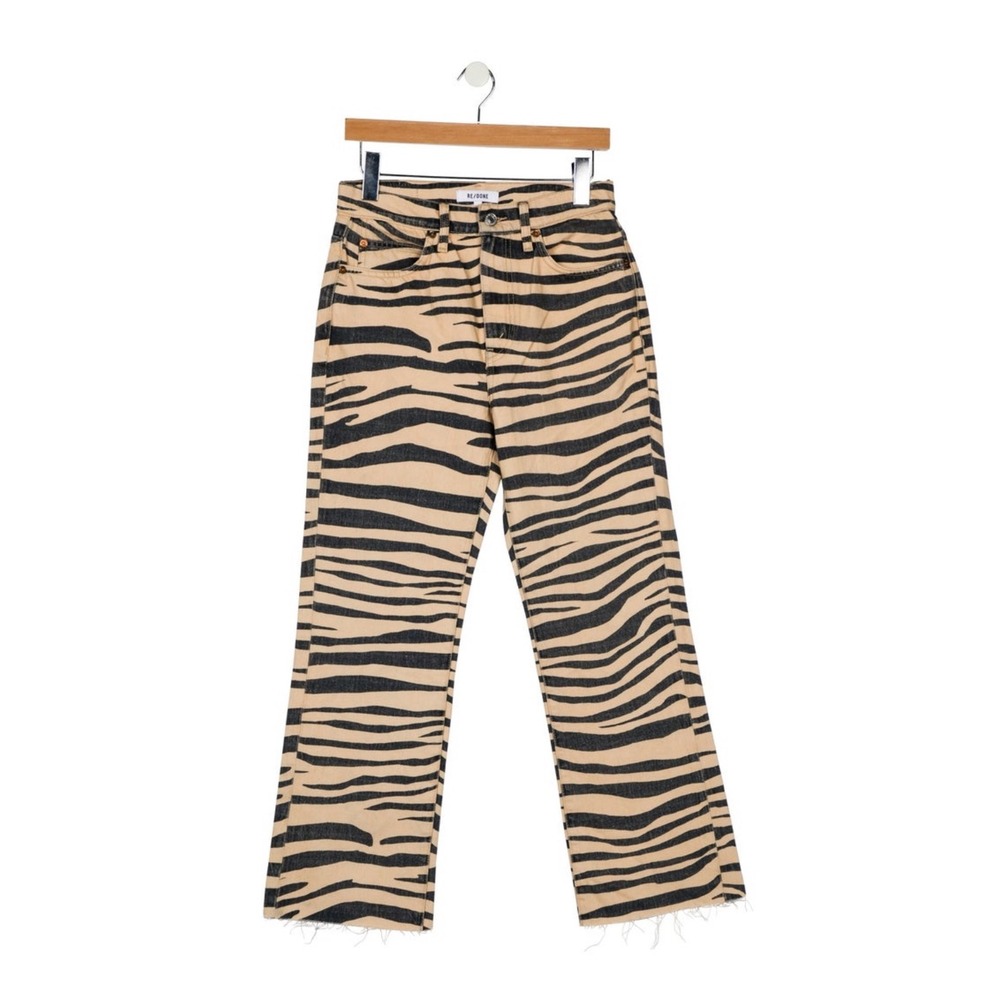 RE/DONE‎ Jeans Women's 26 Y2K Zebra Animal Print Raw Hem Tan Denim